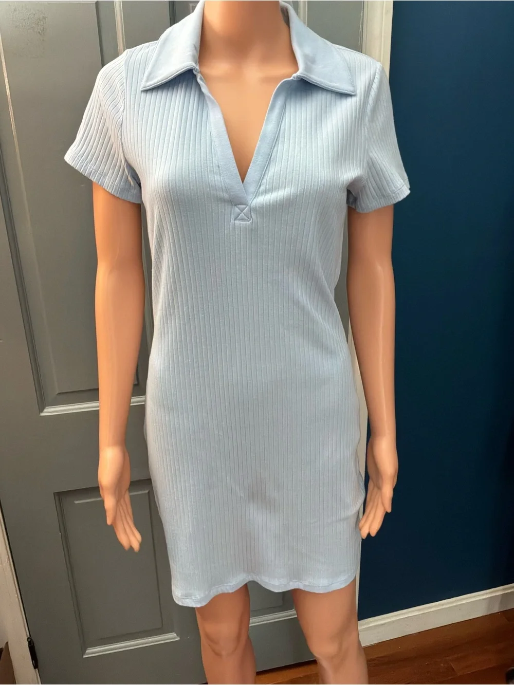 H&M Pale Blue Ribbed Polo Mini Dress